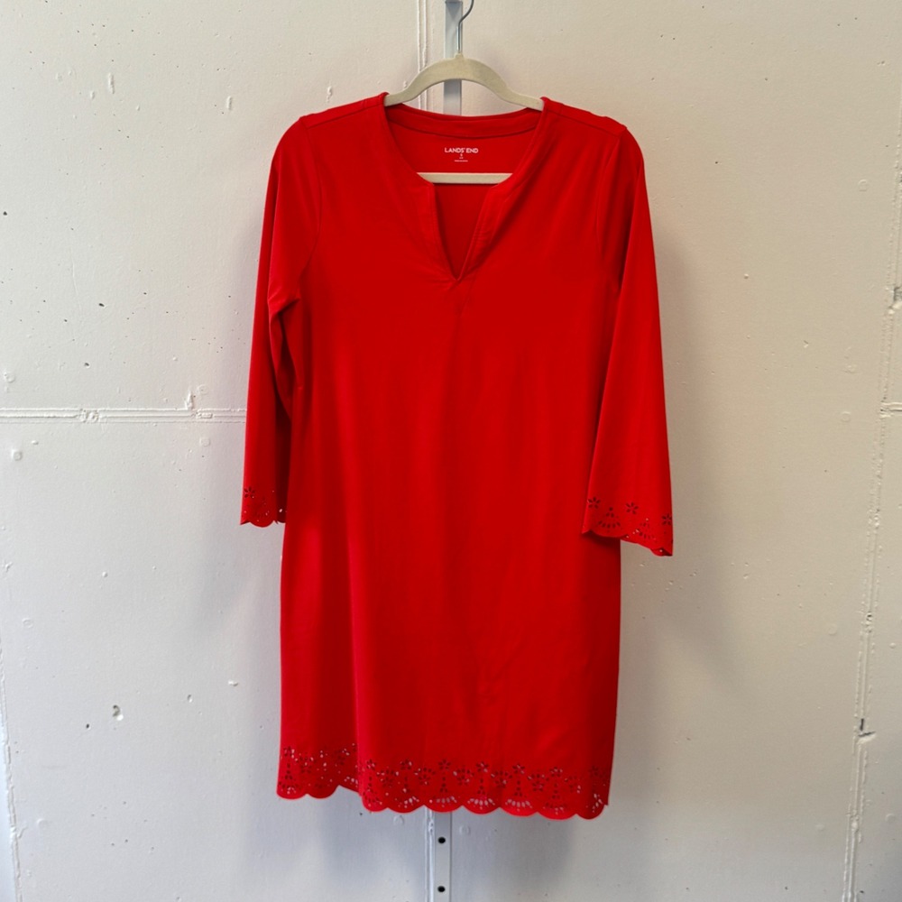 Lands End Red Eyelet Hem Split Neck Shift Dress Small 6-8 3/4 Sleeve Nylon